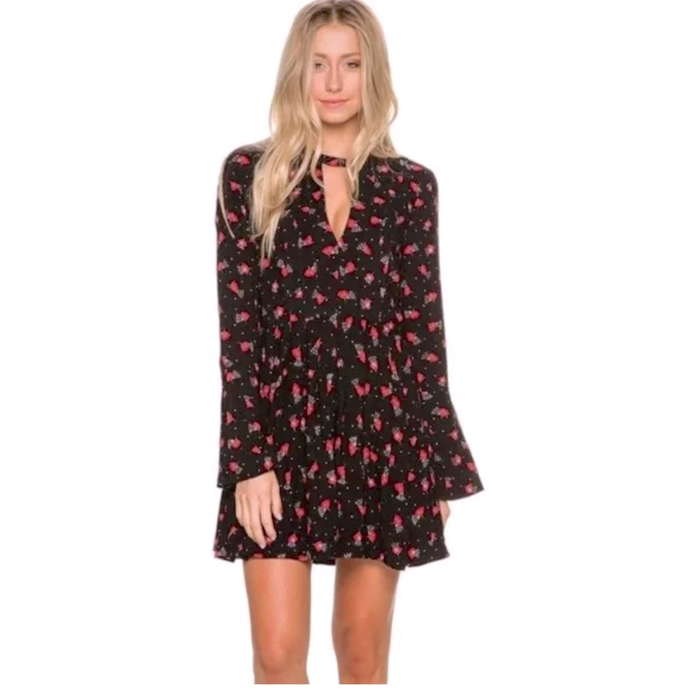 Free People Black and Red Floral Mini Dress - Size: 8